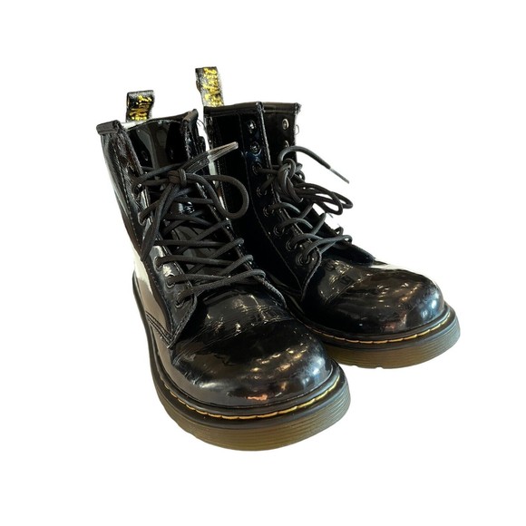 Dr Martens Black Combat Boots Youth size 3 Leather Lace Up Side Zip 1460J - Picture 2 of 10